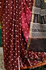 Maroon Pure Silk Chanderi Hand Block Printed Saree