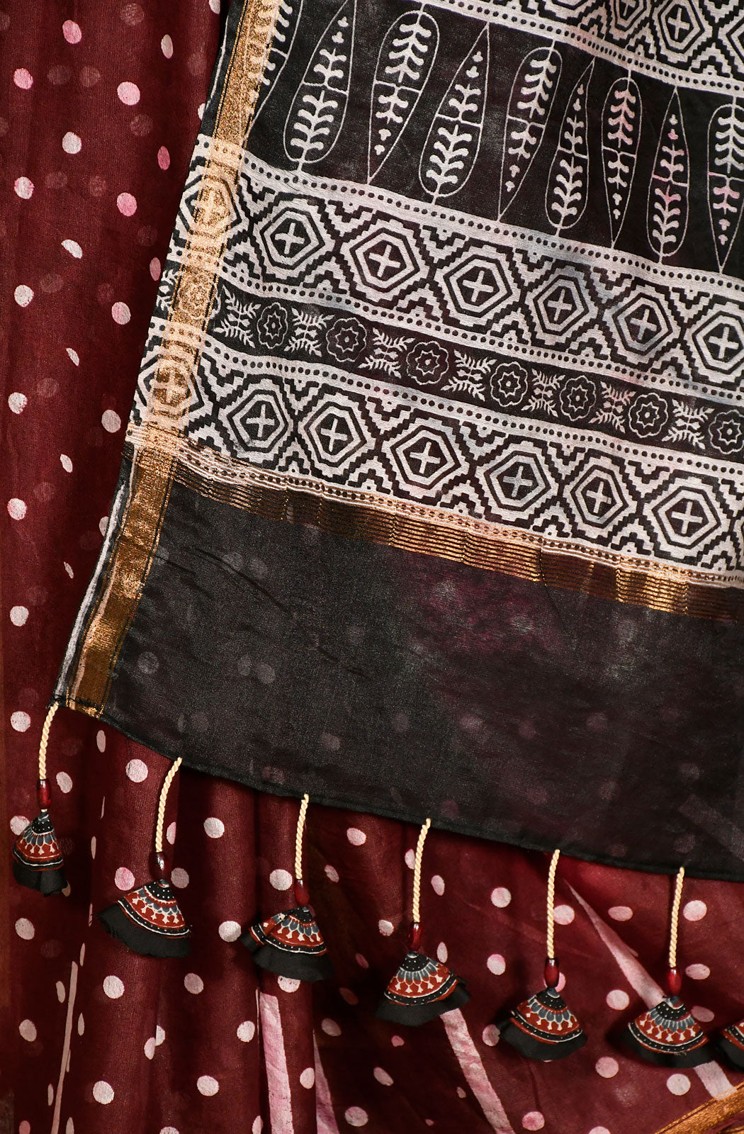 Maroon Pure Silk Chanderi Hand Block Printed Saree - Naksheband