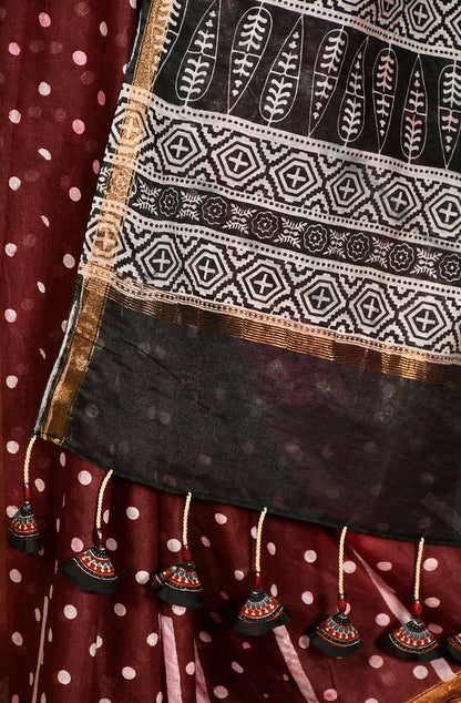 Maroon Pure Silk Chanderi Hand Block Printed Saree - Naksheband