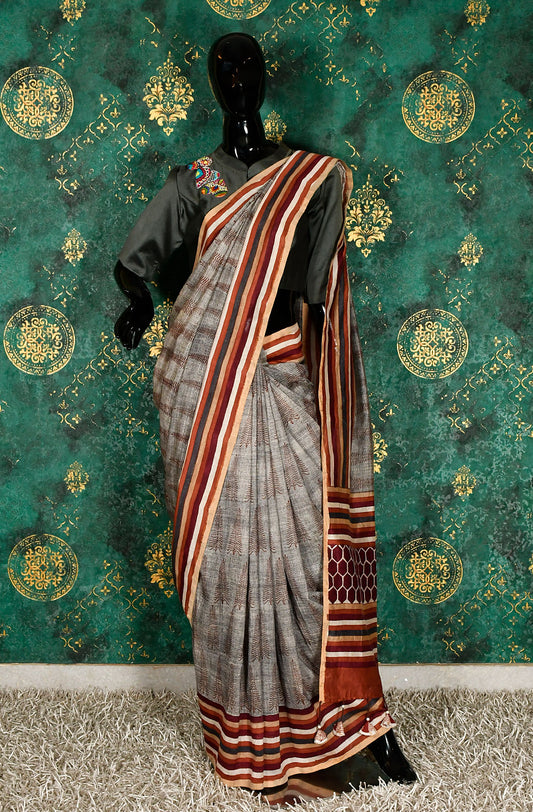 Grey Pure Silk Chanderi Hand Block Printed Saree - Naksheband