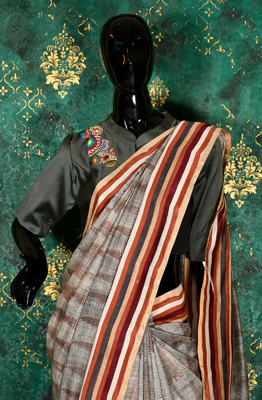 Grey Pure Silk Chanderi Hand Block Printed Saree - Naksheband