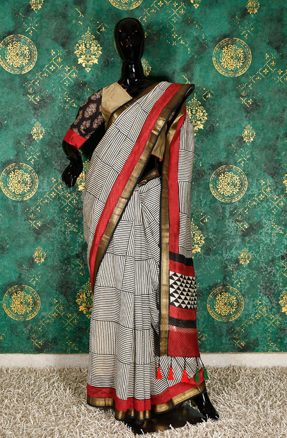 Black and White Pure Silk Chanderi Hand Block Printed Saree