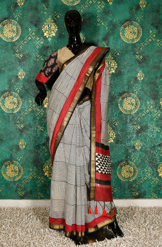 Black and White Pure Silk Chanderi Hand Block Printed Saree