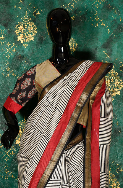 Black and White Pure Silk Chanderi Hand Block Printed Saree