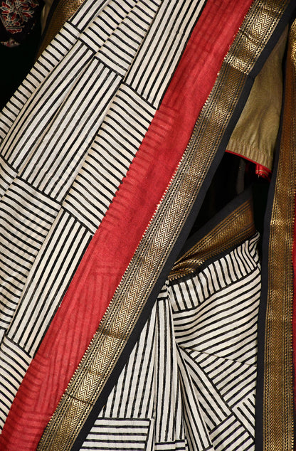 Black and White Pure Silk Chanderi Hand Block Printed Saree