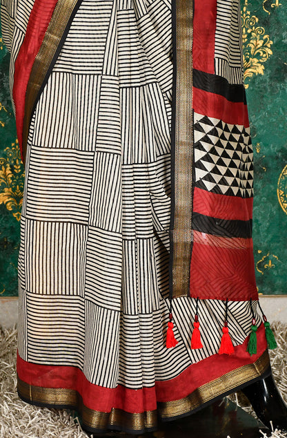 Black and White Pure Silk Chanderi Hand Block Printed Saree