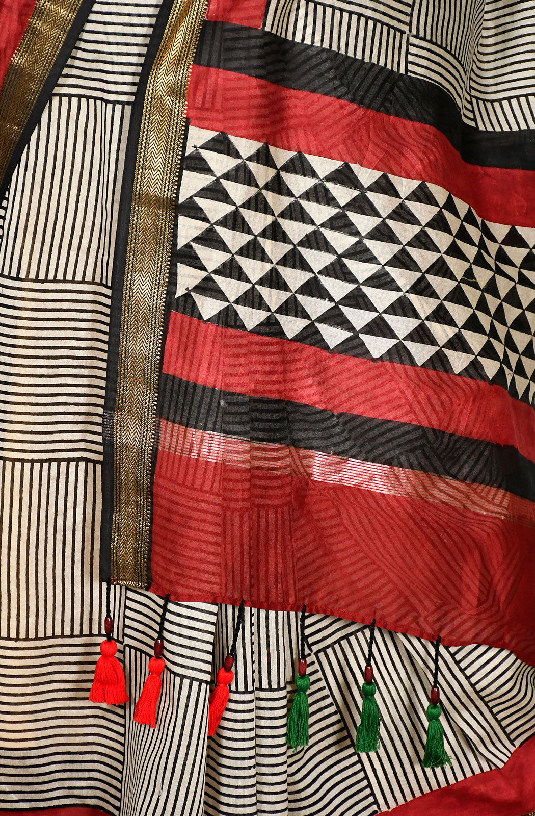 Black and White Pure Silk Chanderi Hand Block Printed Saree
