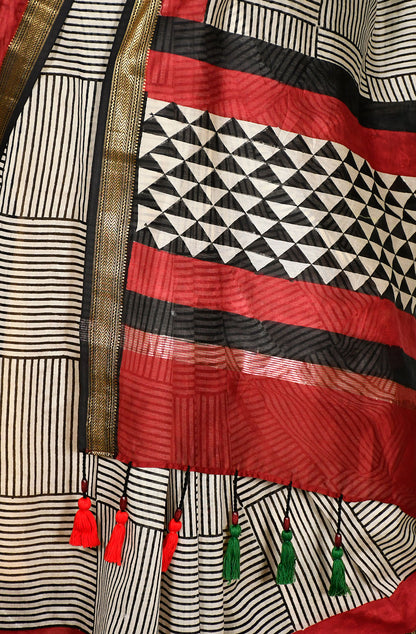 Black and White Pure Silk Chanderi Hand Block Printed Saree