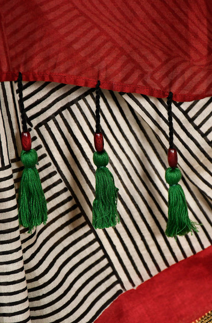 Black and White Pure Silk Chanderi Hand Block Printed Saree