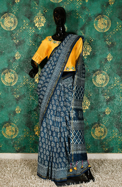 Indigo Pure Silk Chanderi Hand Block Printed Saree