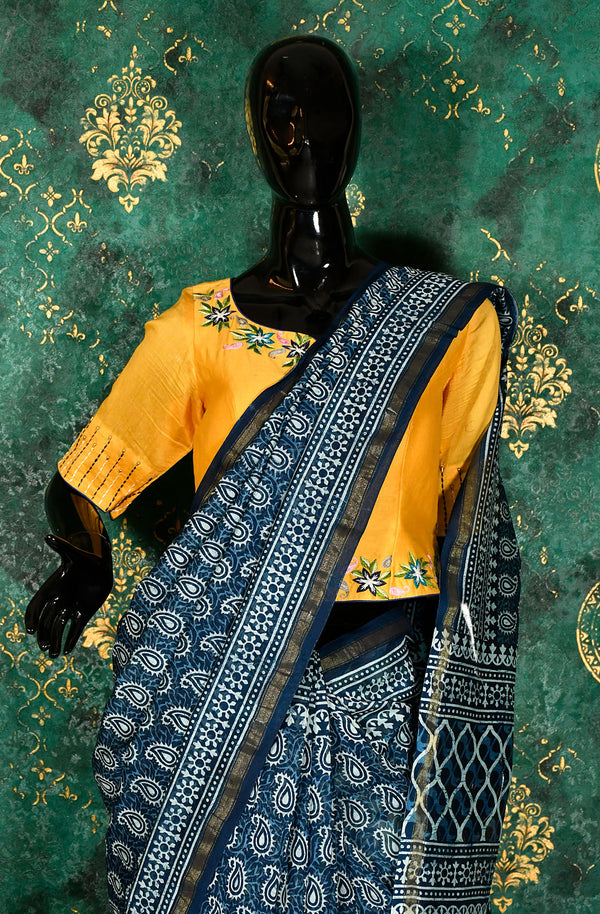 Indigo Pure Silk Chanderi Hand Block Printed Saree
