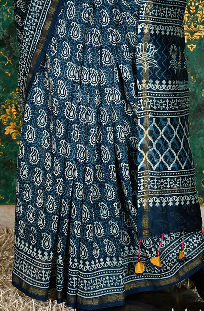 Indigo Pure Silk Chanderi Hand Block Printed Saree