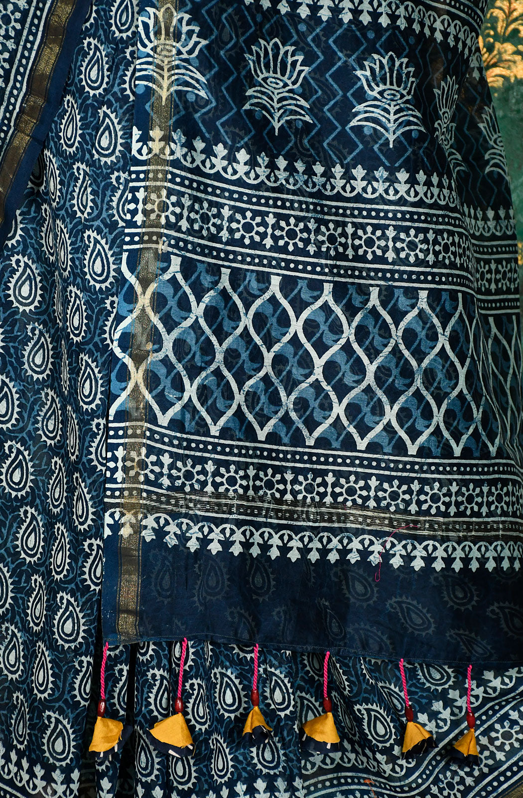 Indigo Pure Silk Chanderi Hand Block Printed Saree