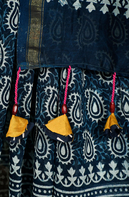 Indigo Pure Silk Chanderi Hand Block Printed Saree
