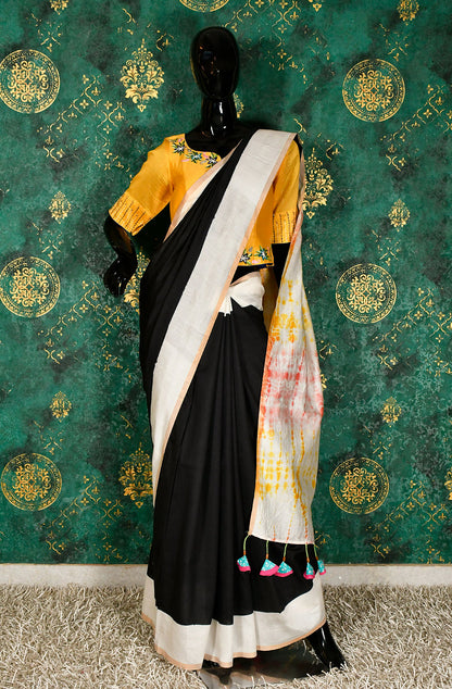 Black and Off White Pure Silk Chanderi Shibori Hand Block Printed Saree