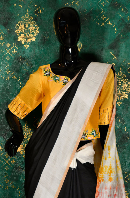 Black and Off White Pure Silk Chanderi Shibori Hand Block Printed Saree