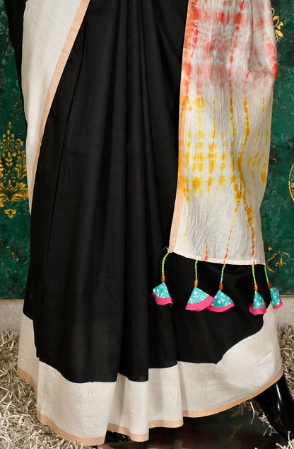 Black and Off White Pure Silk Chanderi Shibori Hand Block Printed Saree