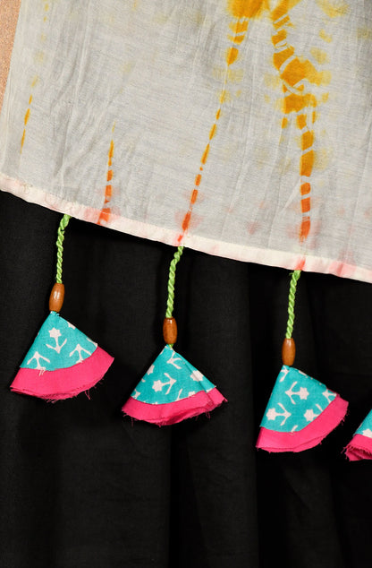 Black and Off White Pure Silk Chanderi Shibori Hand Block Printed Saree