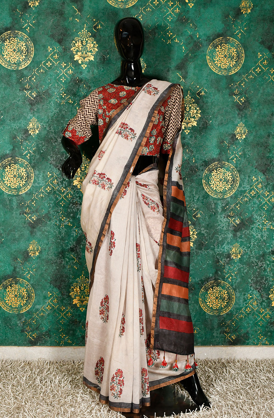 Beige Pure Silk Chanderi Hand Block Printed Saree - Naksheband