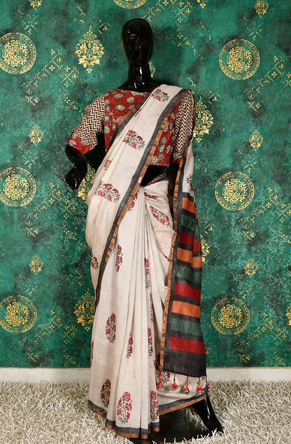 Beige Pure Silk Chanderi Hand Block Printed Saree - Naksheband