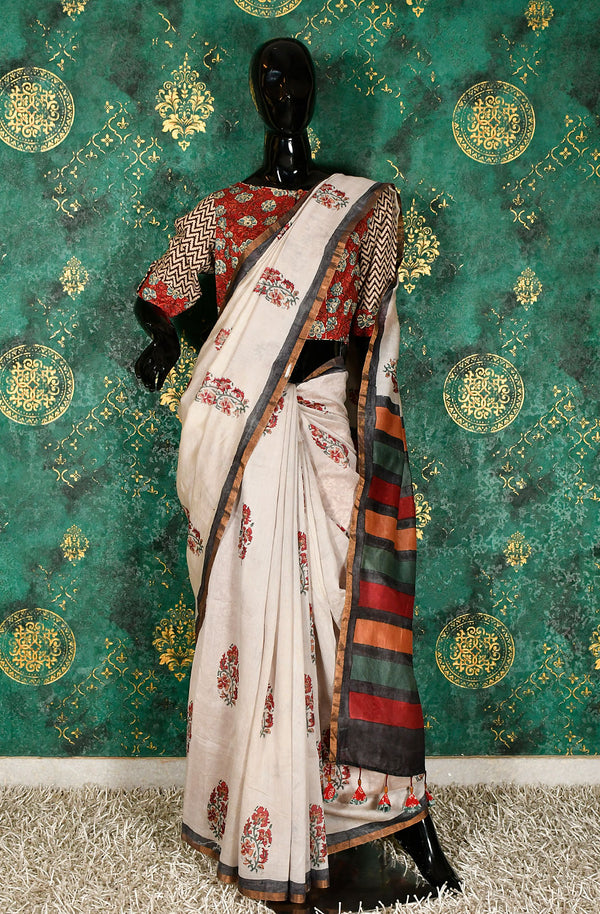Beige Pure Silk Chanderi Hand Block Printed Saree