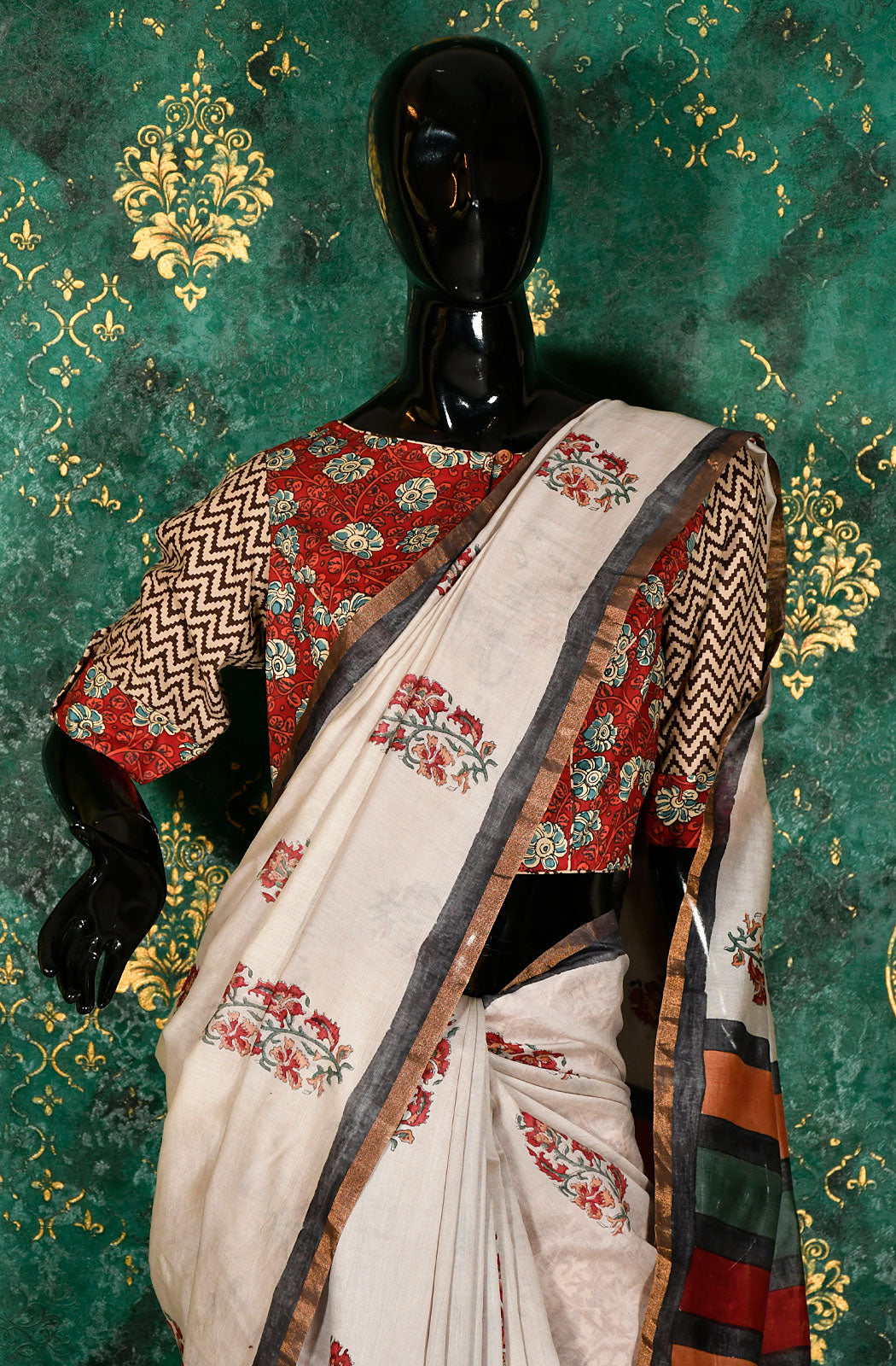Beige Pure Silk Chanderi Hand Block Printed Saree - Naksheband