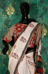 Beige Pure Silk Chanderi Hand Block Printed Saree