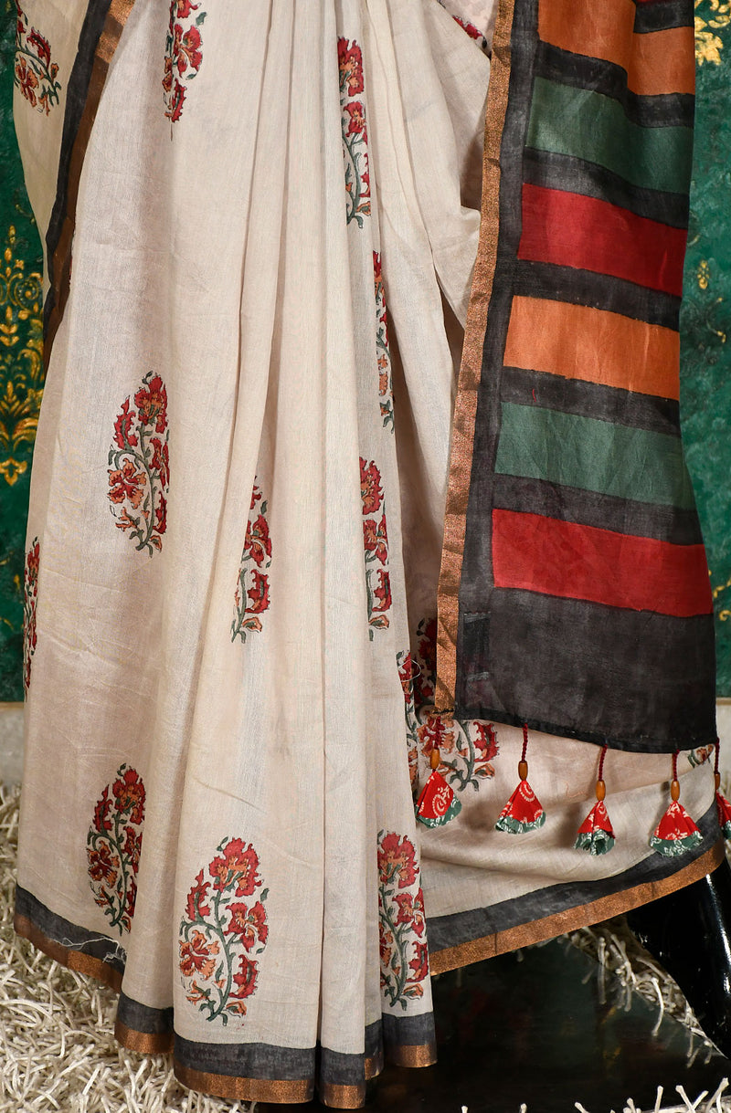 Beige Pure Silk Chanderi Hand Block Printed Saree