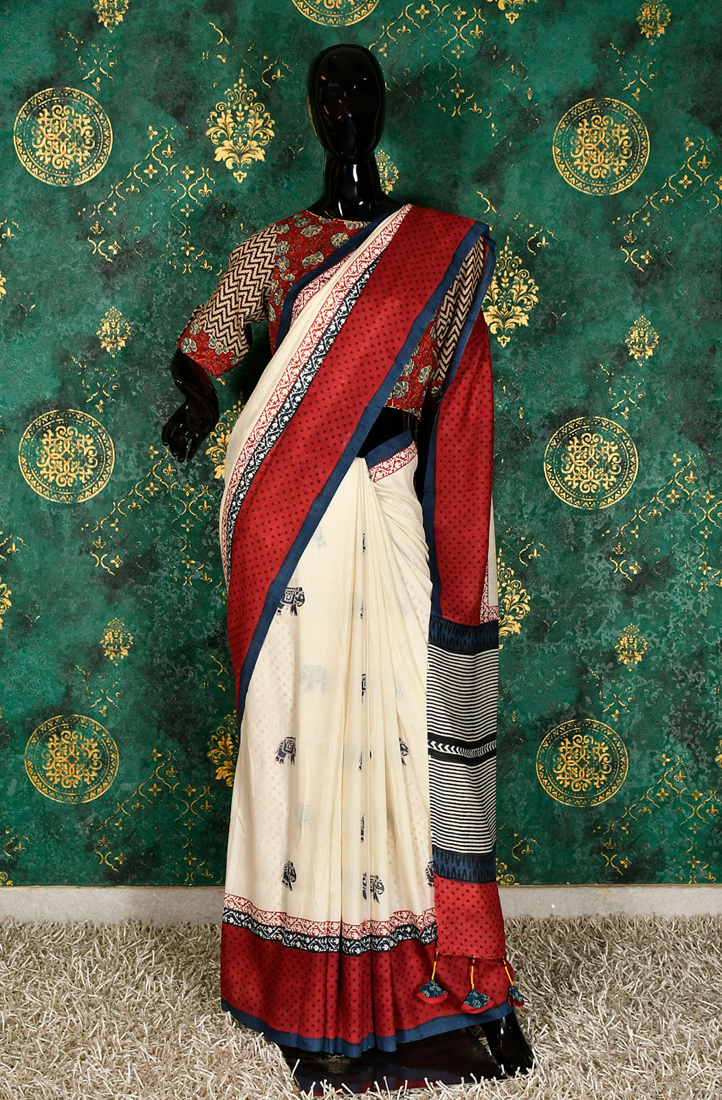 Off White Pure Munga Silk Hand Block Printed Saree