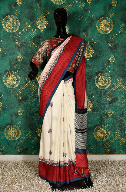 Off White Pure Munga Silk Hand Block Printed Saree