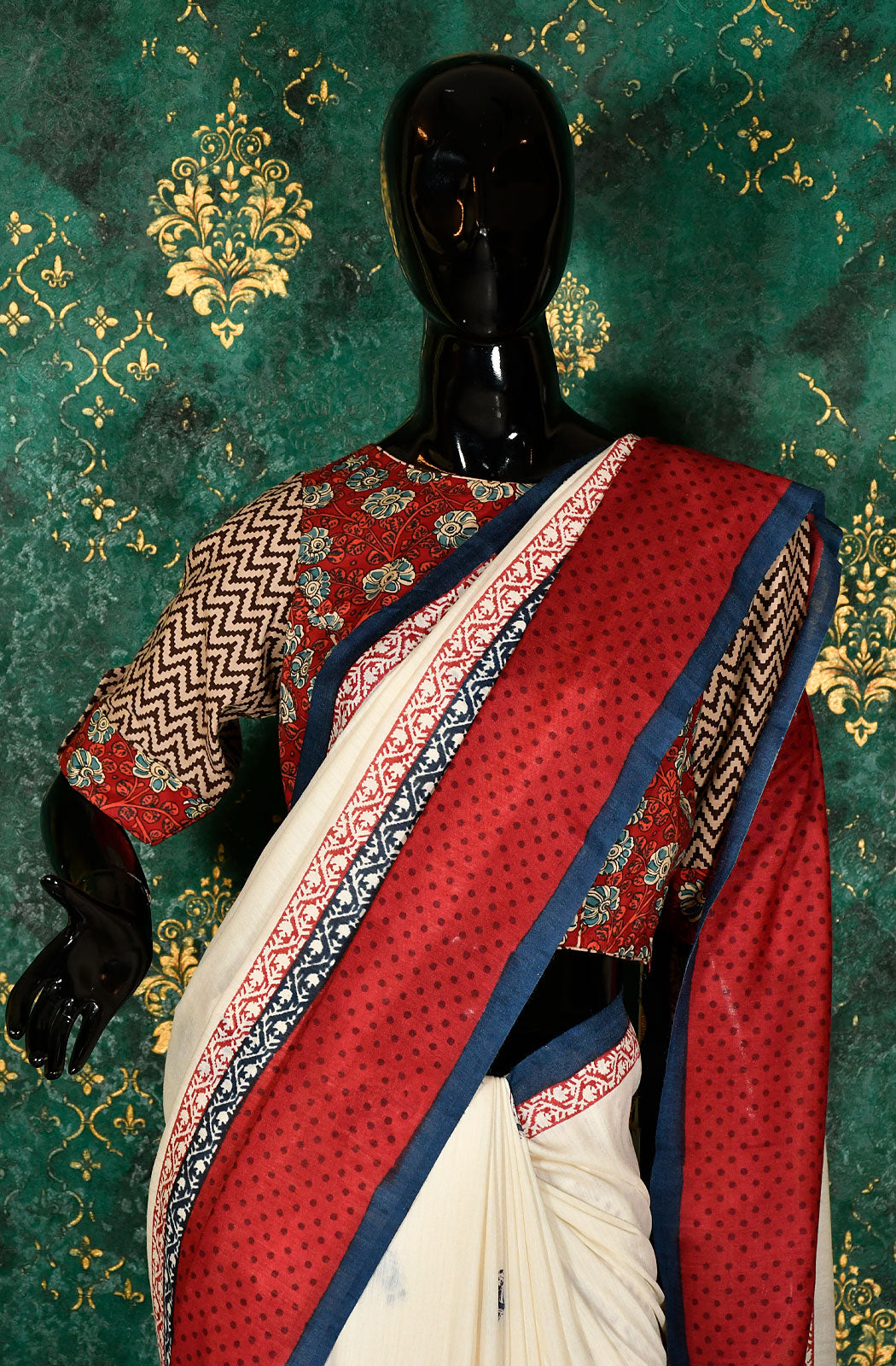 Off White Pure Munga Silk Hand Block Printed Saree