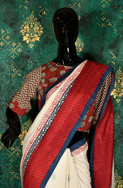 Off White Pure Munga Silk Hand Block Printed Saree
