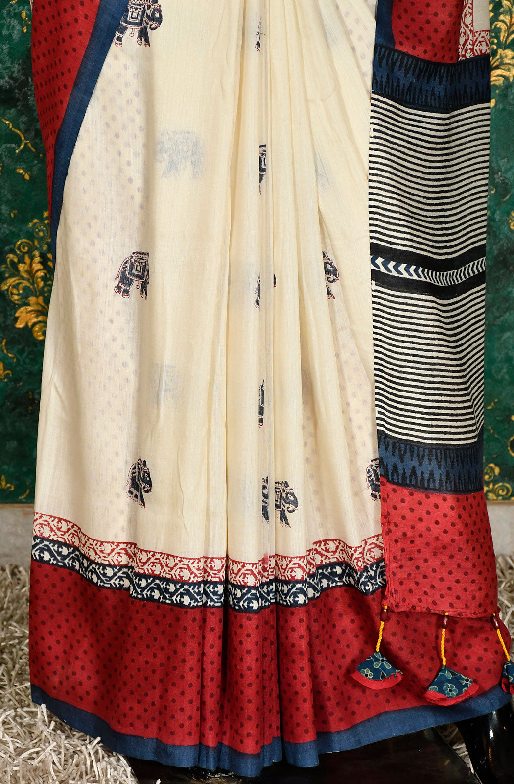 Off White Pure Munga Silk Hand Block Printed Saree
