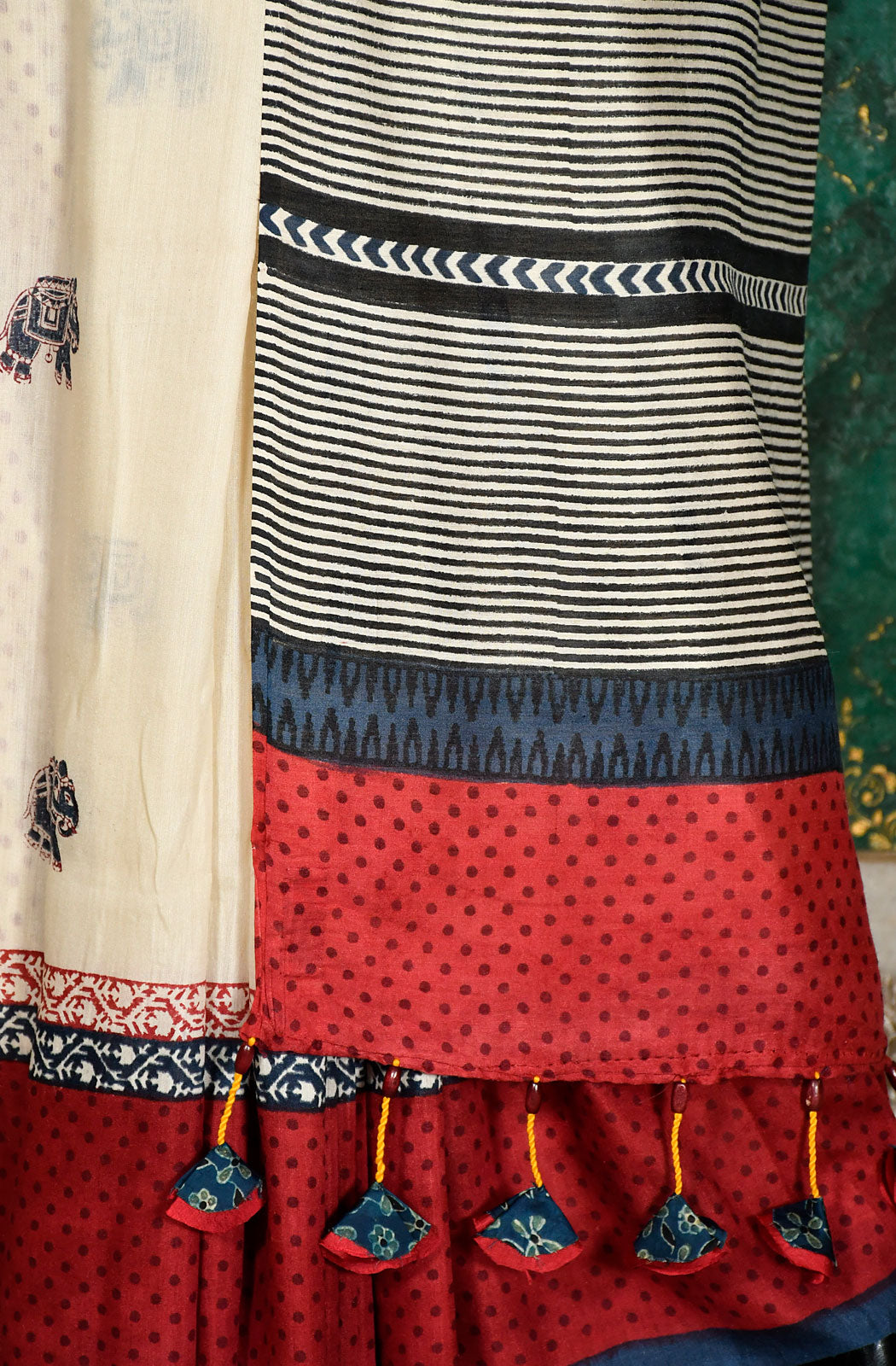 Off White Pure Munga Silk Hand Block Printed Saree