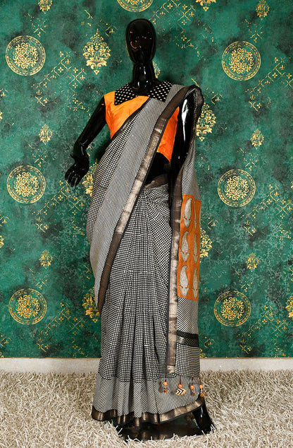 Black and White Pure Silk Chanderi Hand Block Printed Saree