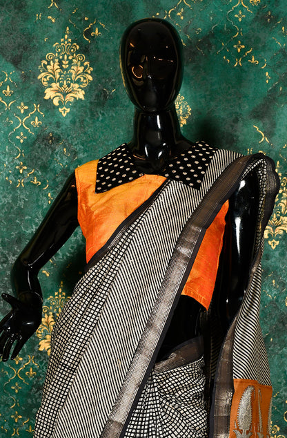 Black and White Pure Silk Chanderi Hand Block Printed Saree
