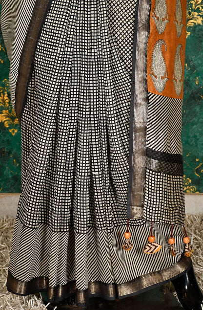 Black and White Pure Silk Chanderi Hand Block Printed Saree