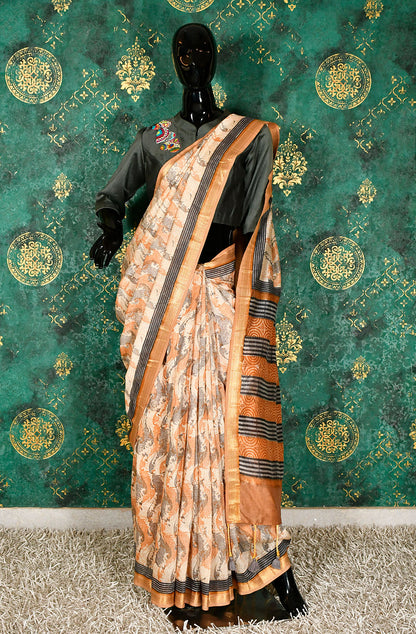 Mustard and Grey Pure Silk Chanderi Hand Block Printed Saree - Naksheband