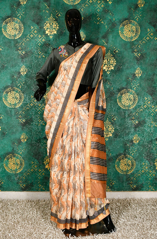 Mustard and Grey Pure Silk Chanderi Hand Block Printed Saree - Naksheband