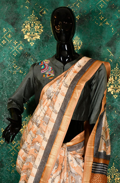 Mustard and Grey Pure Silk Chanderi Hand Block Printed Saree - Naksheband