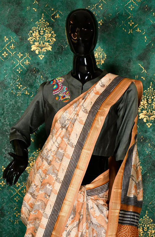 Mustard and Grey Pure Silk Chanderi Hand Block Printed Saree - Naksheband