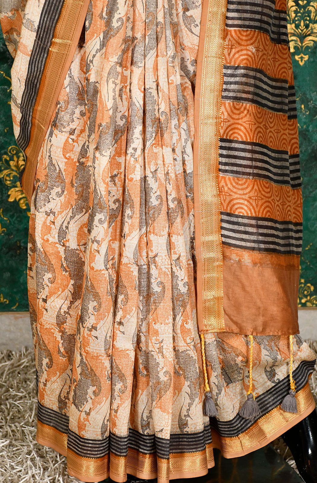 Mustard and Grey Pure Silk Chanderi Hand Block Printed Saree - Naksheband