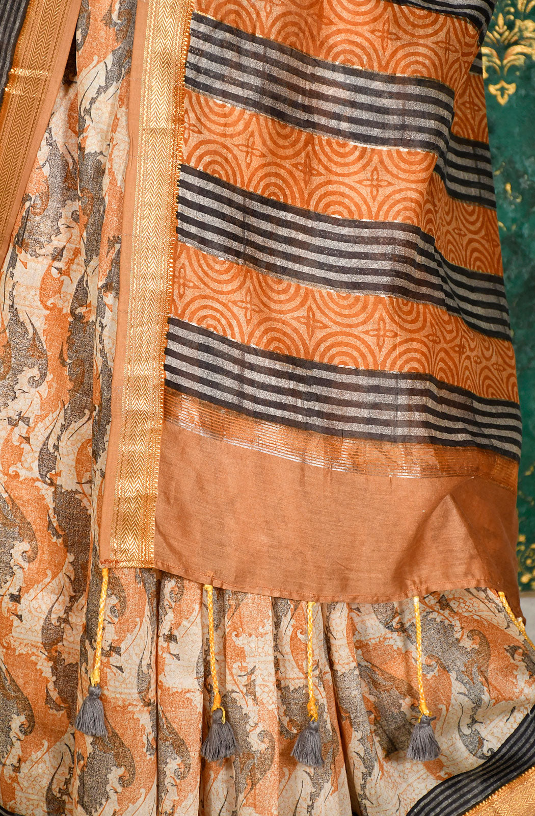Mustard and Grey Pure Silk Chanderi Hand Block Printed Saree - Naksheband