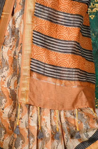 Mustard and Grey Pure Silk Chanderi Hand Block Printed Saree - Naksheband