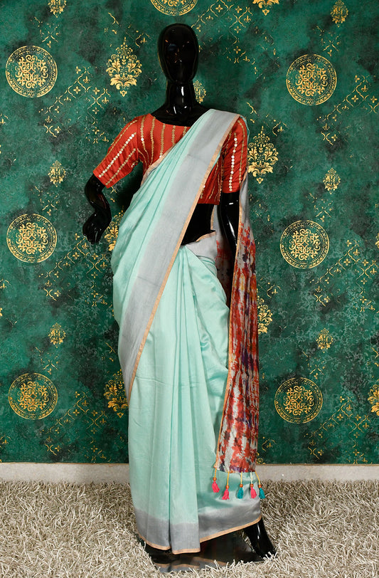 Sea Blue and Grey Pure Silk Chanderi Shibori Printed Saree - Naksheband