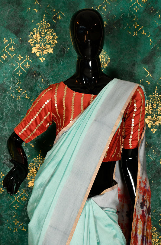 Sea Blue and Grey Pure Silk Chanderi Shibori Printed Saree - Naksheband