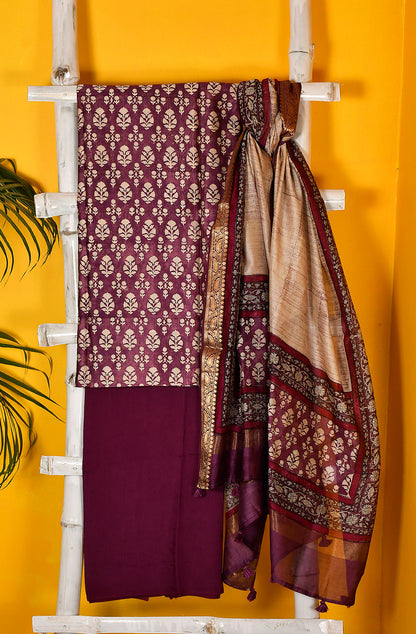 Dark Magenta Pure Silk Chanderi Unstitched Suit Set
