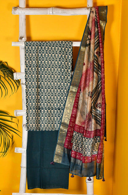 Teal Blue Pure Silk Chanderi Unstitched Suit Set