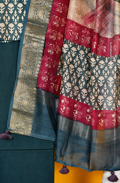 Teal Blue Pure Silk Chanderi Unstitched Suit Set