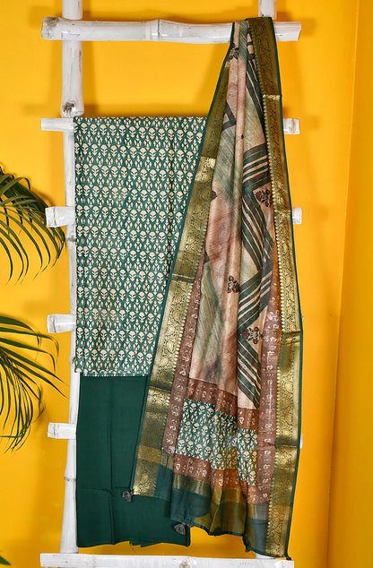 Green and Beige Pure Silk Chanderi Unstitched Suit Set